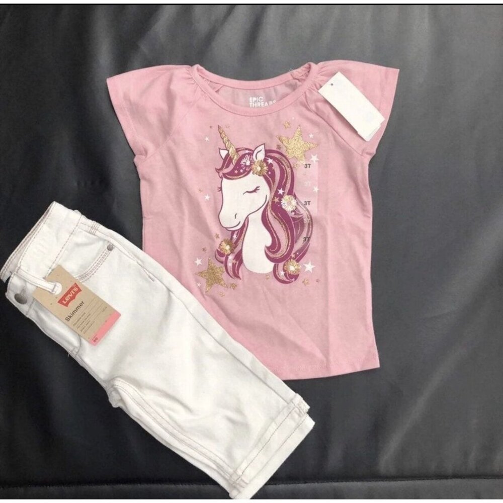 NWT Levi's Shorts & Glitter Unicorn Tee Set Girls Size 3T